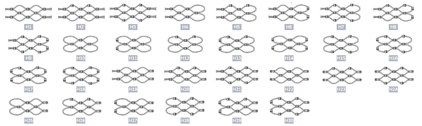 Horizontally installed frameless rope mesh with different structures and accessories