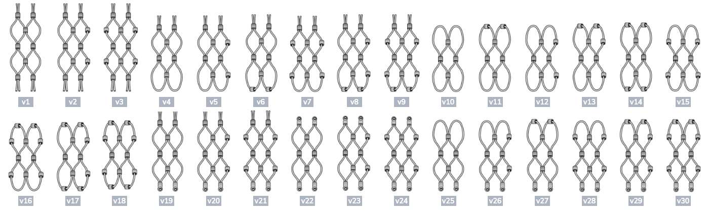 Vertically installed frameless rope mesh with different structures and accessories