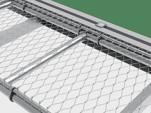 Helideck safety net system made of stainless steel ropes and frames