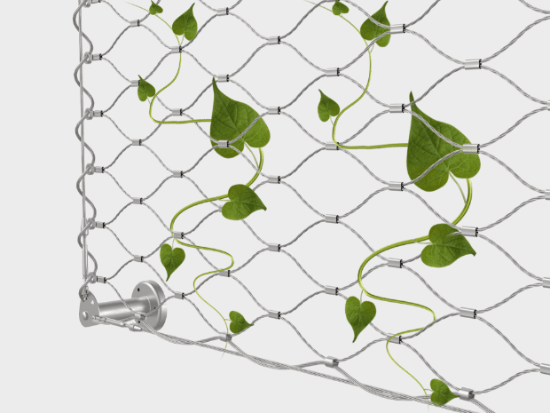 The side view of stainless steel rope mesh green wall system.
