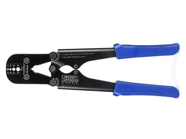 Wire rope crimping tool with blue sleeves